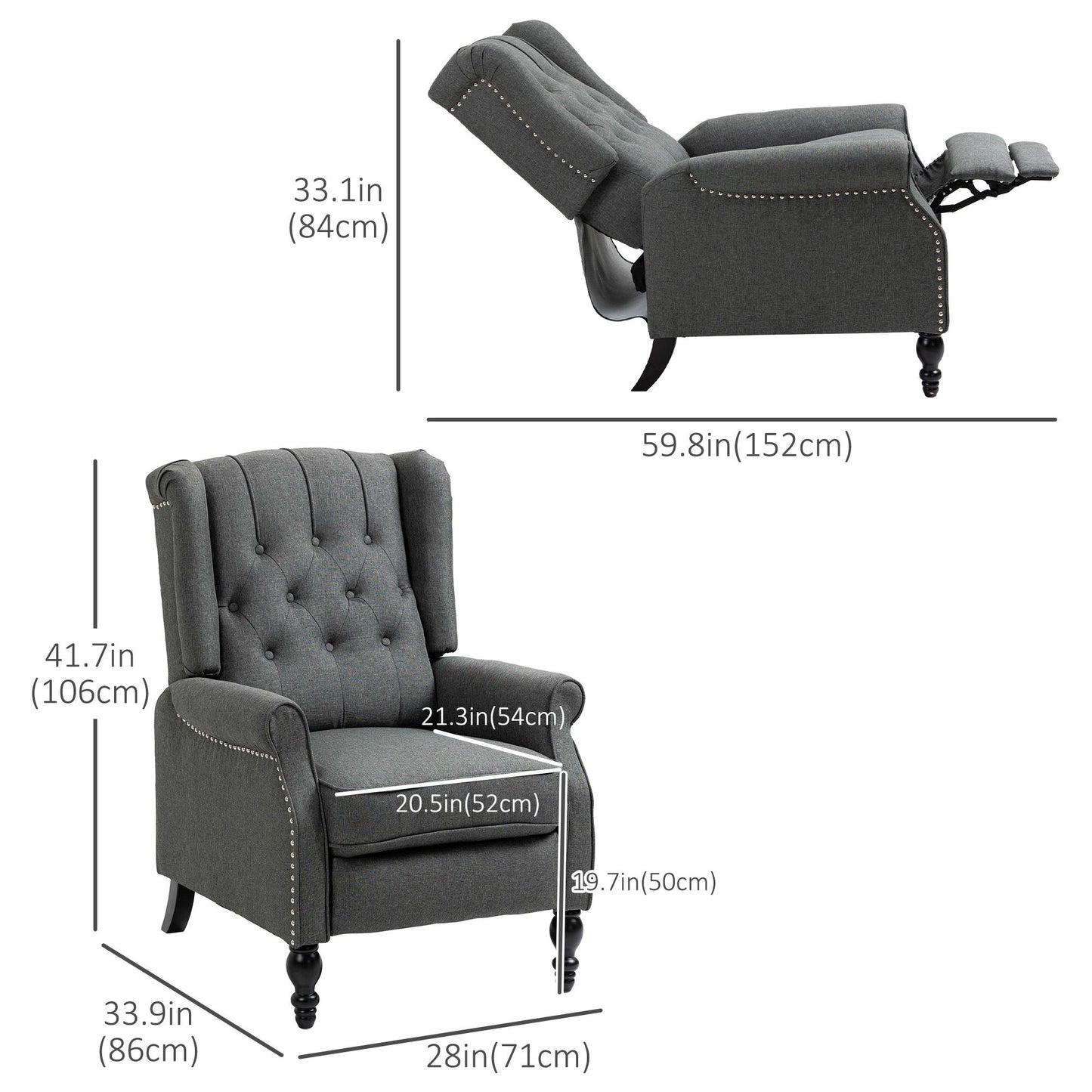 Wingback Reclining Chair with Footrest, Button Tufted Recliner Chair with Rolled Armrests for Living Room, Dark Grey