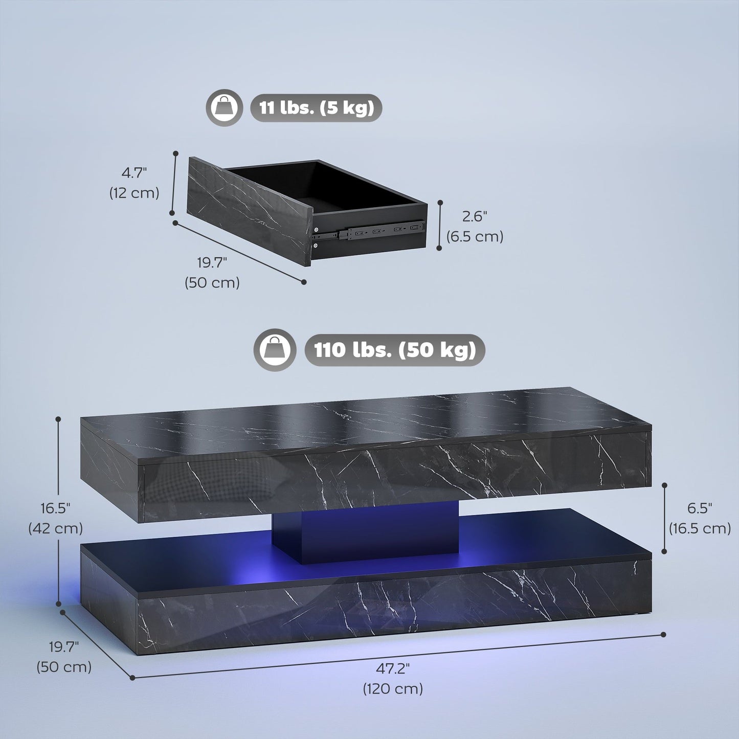 LED Coffee Table with 2 Drawers and Shelf - Marble-Effect Black