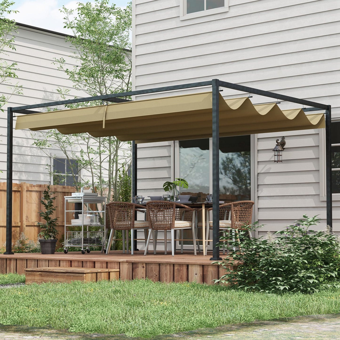 13' x 10' Patio Pergola with Retractable Canopy, Outdoor Sun Shelter, Yard Shade, Khaki