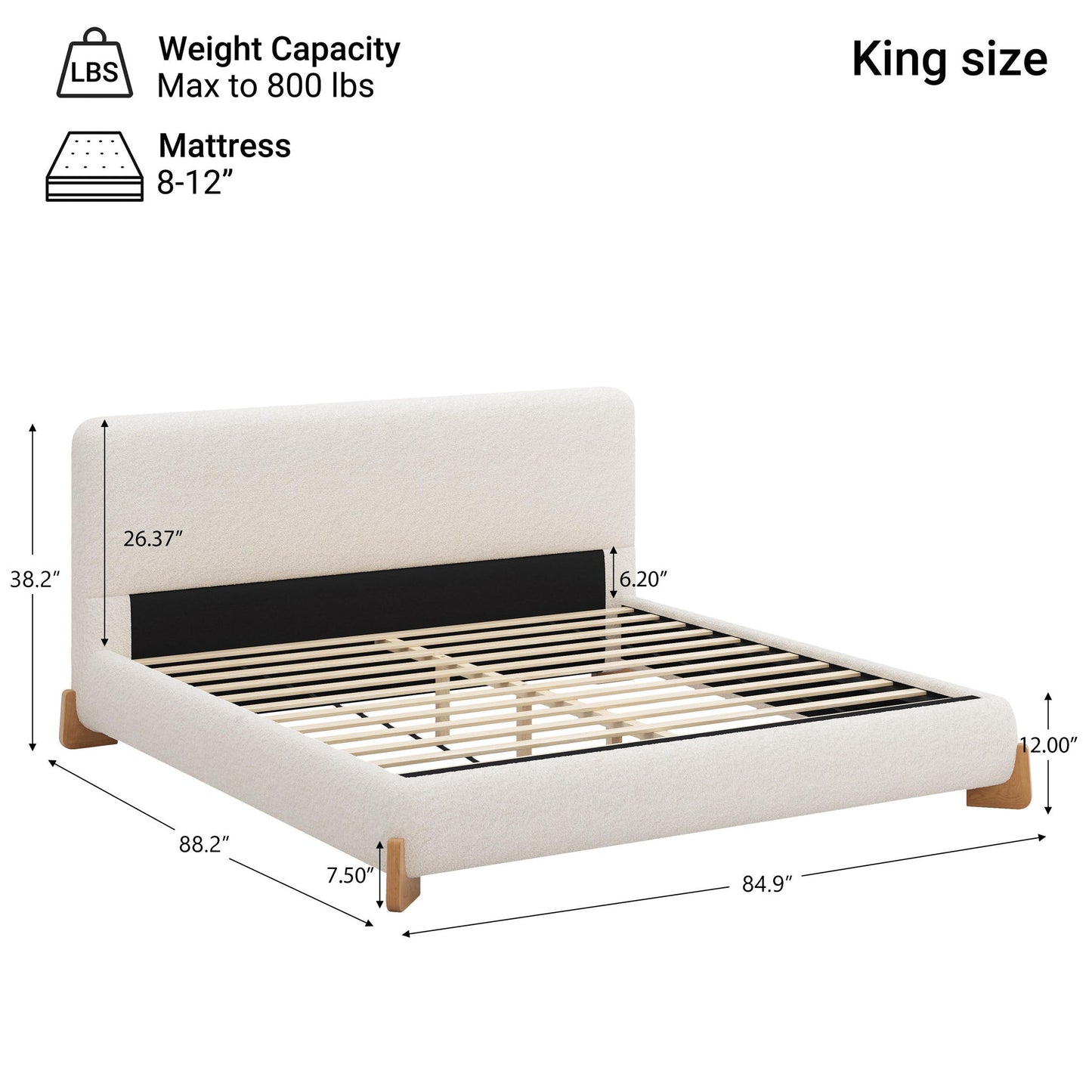Boucle Upholstered King Bed with 12 Wooden Slats and Solid Feet, Comfortable Bed Frame for Superior Support, 88'' L x 85'' W x 38'' H, White