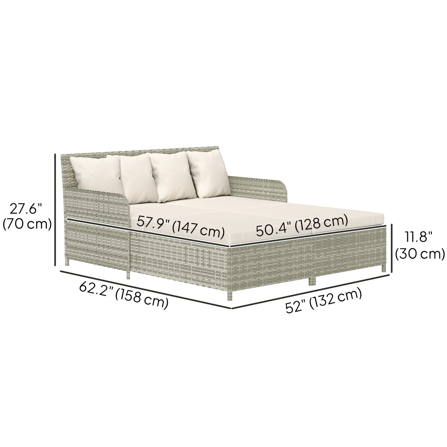 Rattan Outdoor Daybed, Sunbed Loveseat with Soft Cushions, 4 Pillows, Curved Backrest & Armrest, Beige