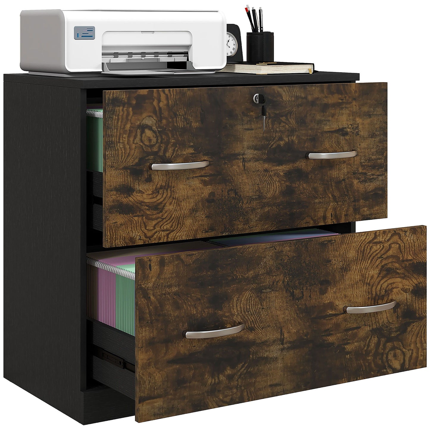 2 Drawer File Cabinet with Lock, Office Filing Cabinet, Hanging Bar for Letter Size, Home Office, Rustic Brown