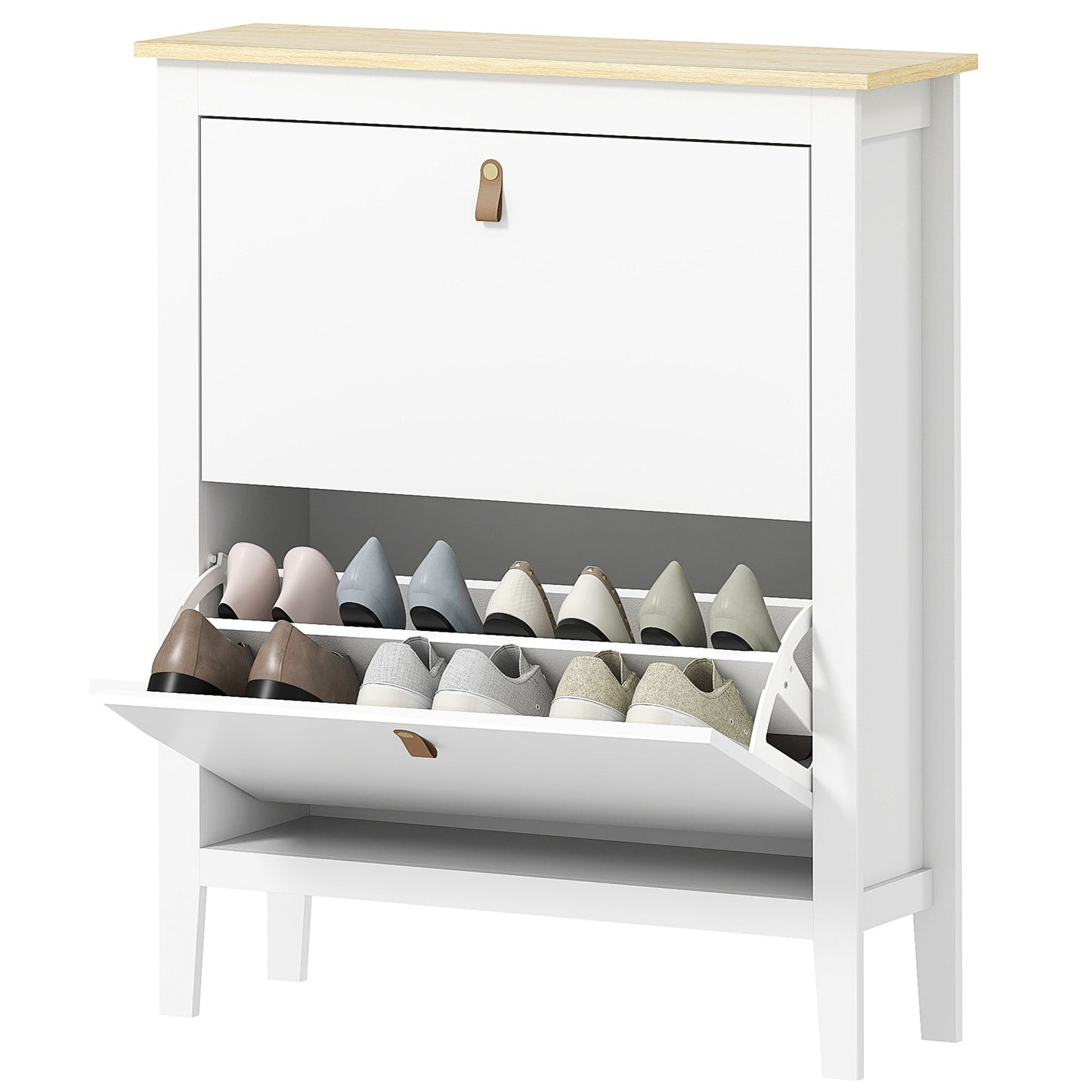 Narrow Shoe Cabinet with 2 Flip Drawers, Adjustable Shelves for Entryway, Holds 10-14 Pairs, White