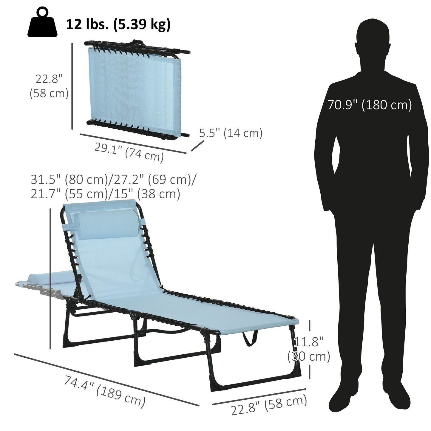 Outdoor Folding Lounge Chair, 4-Level Adjustable Chaise Lounge with Headrest, Tanning Chair Beach Bed, Reclining Lounger Cot for Camping, Hiking, Backyard, Light Blue