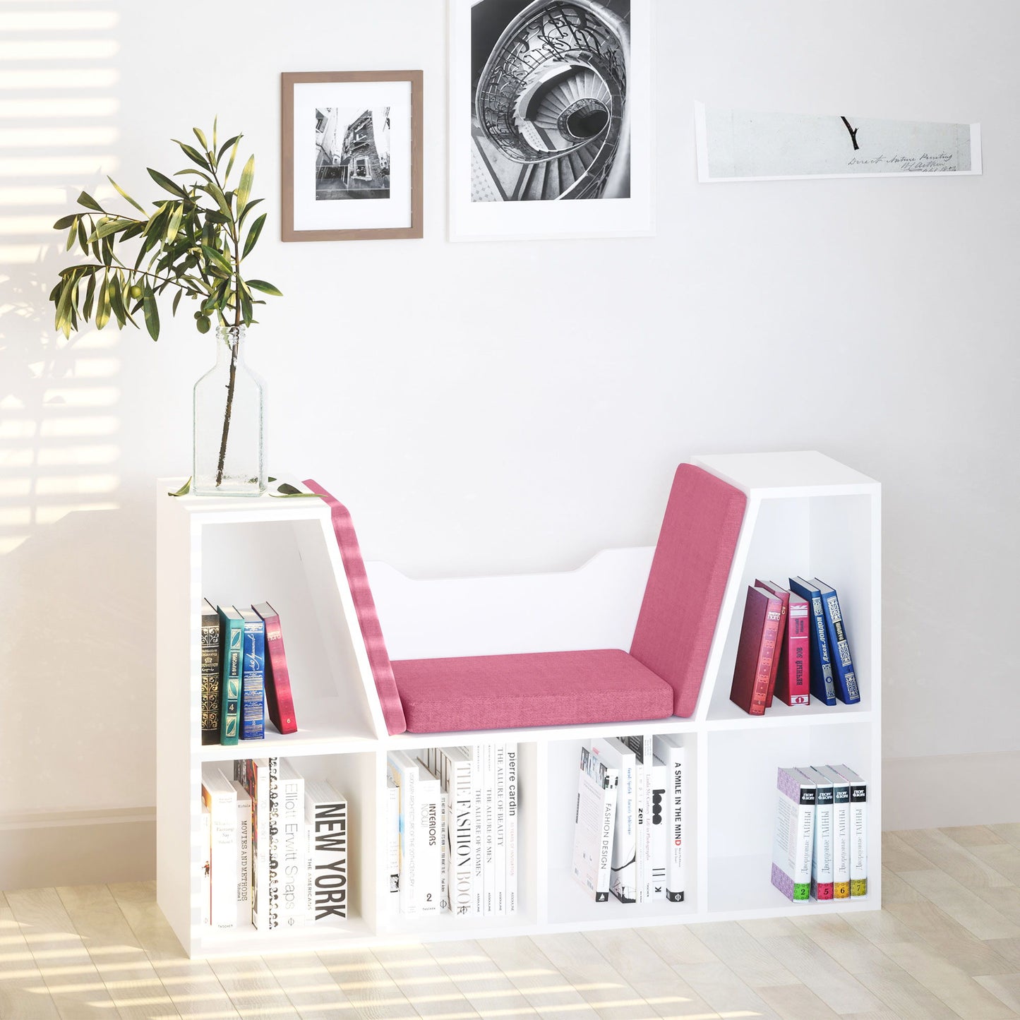 6-Cubby Bookcase with Seat Cushion, Cube Storage Shelf with Reading Nook for Home Office, Study, Pink