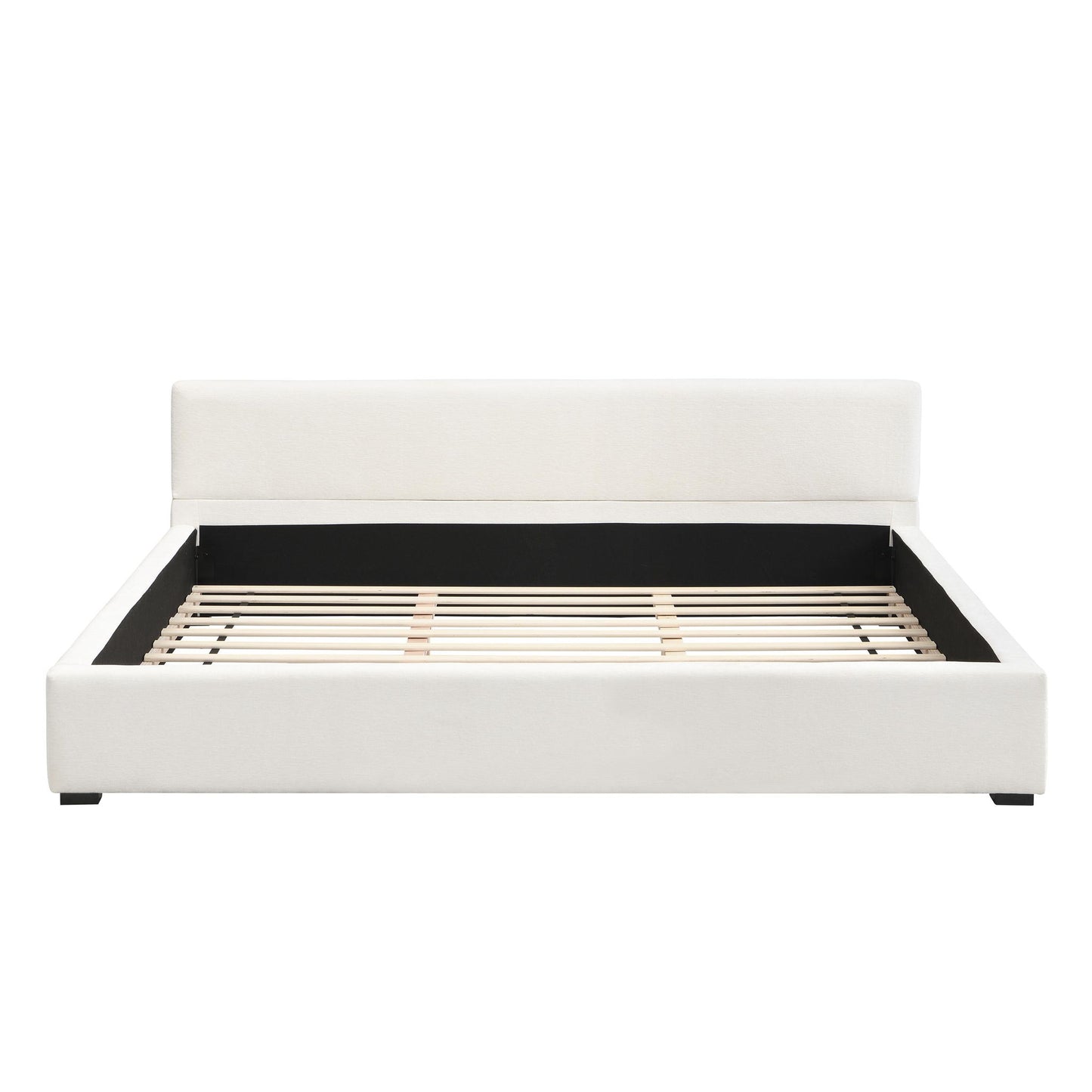 King Upholstered Wide-Edge Bed with 12 Wooden Slats, Breathable Fabric, Solid Bed Frame with 6 Support Legs, 87.5'' L x 83'' W x 27.5'' H, Beige