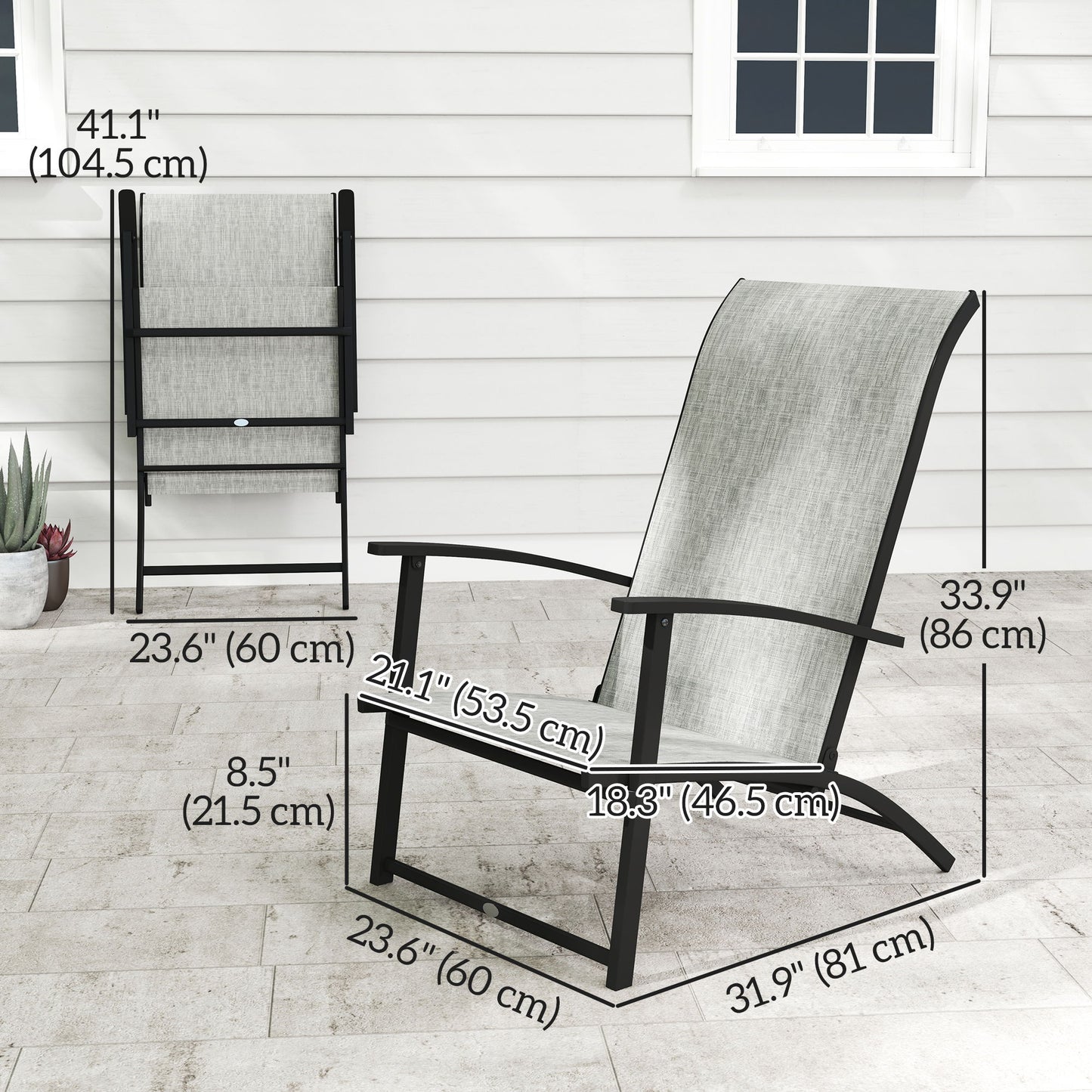 Set of 2 Folding Lawn Chairs, Outdoor Folding Chairs with Armrests, High Backrest for Backyard Balcony, Grey