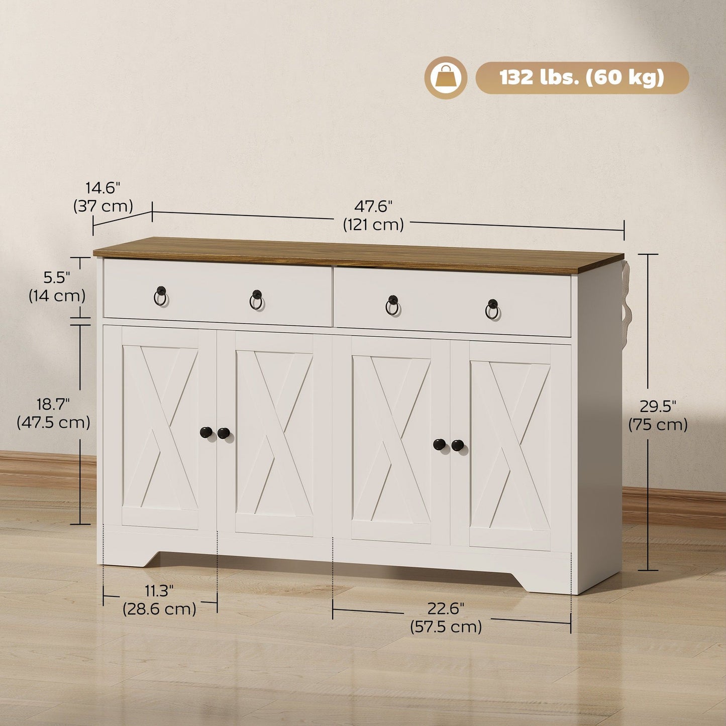 Kitchen Sideboard with Barn Doors and 2 Drawers - White