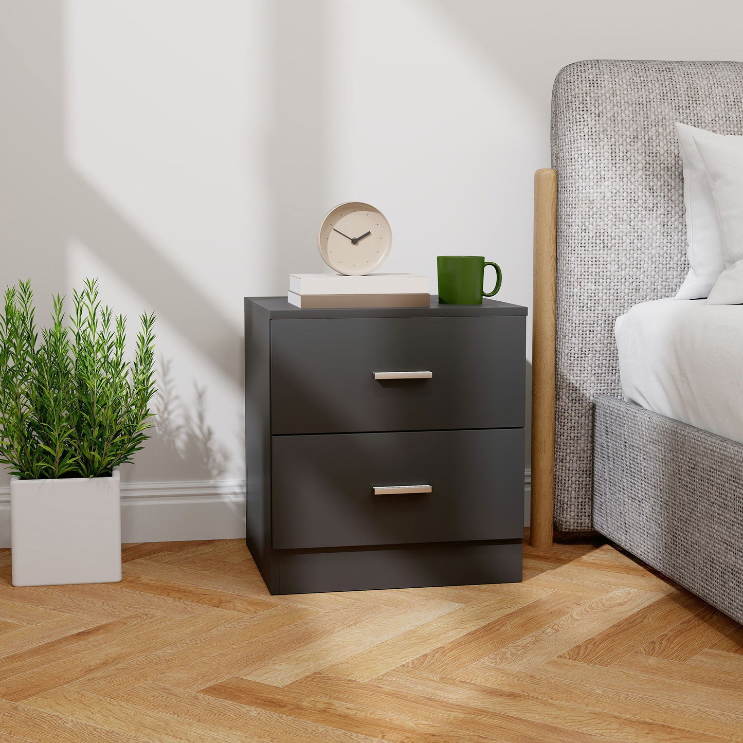 Bedside Table with 2 Drawers, Modern Nightstand for Bedroom, Black