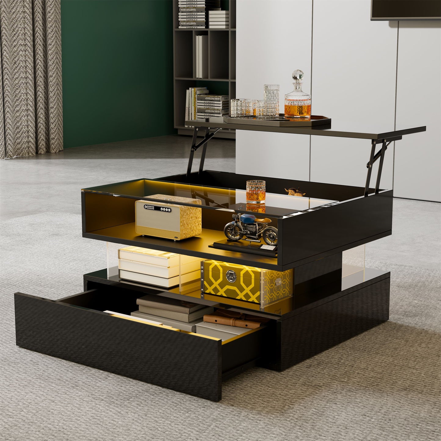High-Gloss Coffee Table with Glass Top and LED Lighting, Storage Drawer and Adjustable Height, Easy to Install, 26" L x 21.5" W x 21.5" H, Black