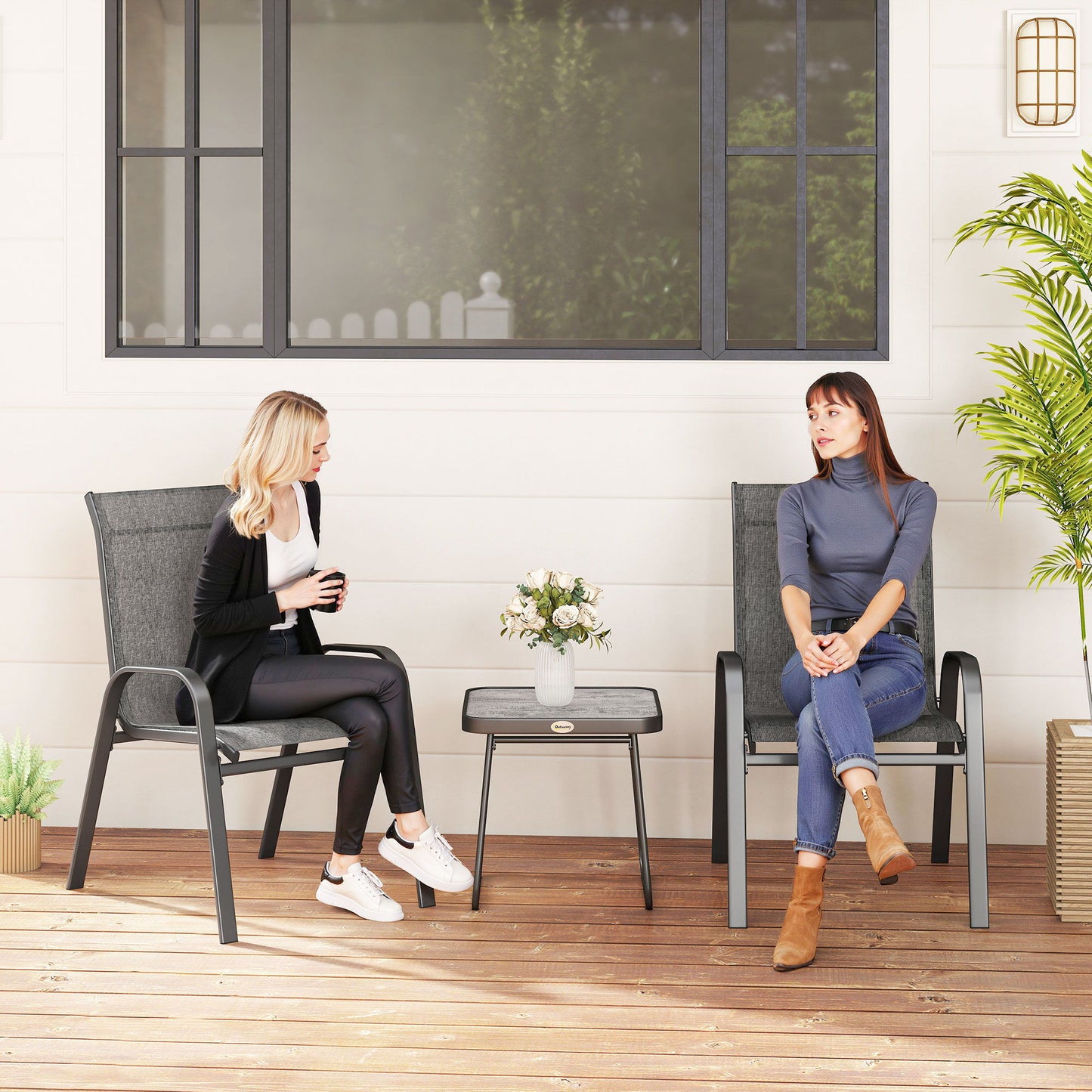 Outdoor Bistro Set of 3, 3-Piece Patio Set with Breathable Mesh Fabric, Stackable Chairs and Square Table, Light Grey