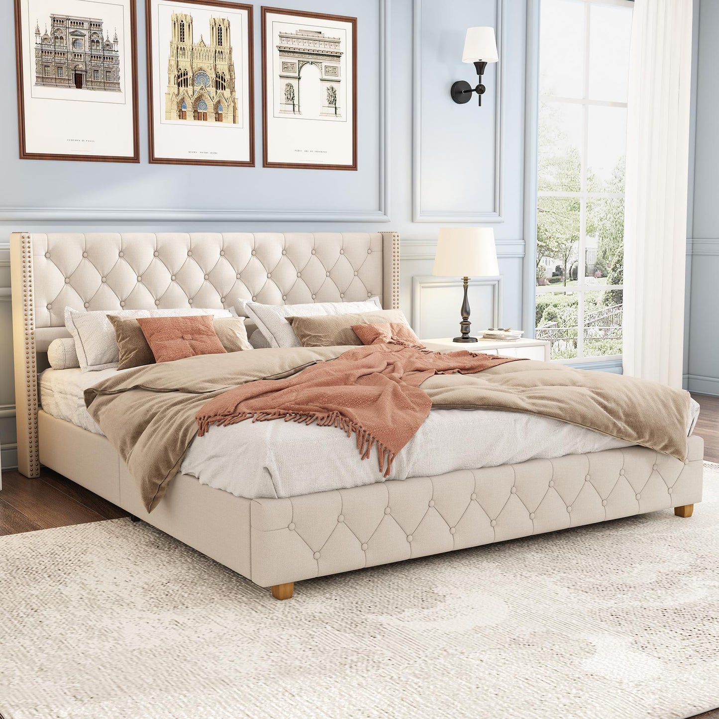 King Size Linen Upholstered Bed with Diamond Tufted Buttons, Solid Bedboard with Sturdy Wood Legs, 80.5'' L x 82.5'' W x 42.5'' H, Beige