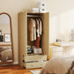 Modern Wardrobe Closet Armoire with 2 Drawers and Hanging Rod, Clothes Storage Organizer for Bedroom, Natural Wood