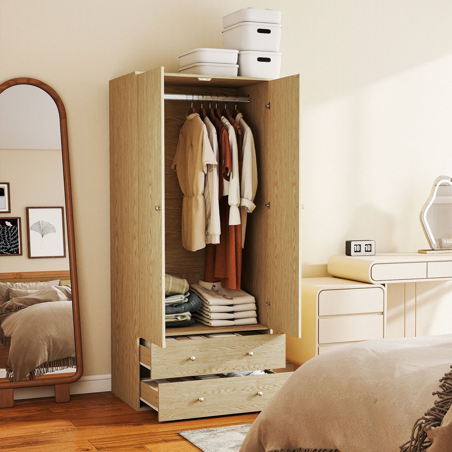 Modern Wardrobe Closet Armoire with 2 Drawers and Hanging Rod, Clothes Storage Organizer for Bedroom, Natural Wood
