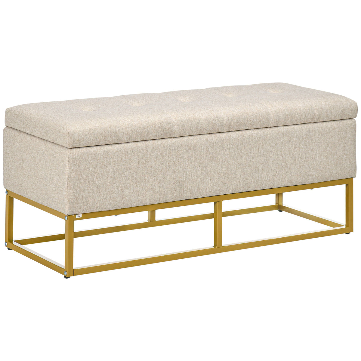 Storage Ottoman with Flip Top, Upholstered Storage Bench, Linen Fabric Footstool with Steel Legs for Living Room, Bedroom, Beige