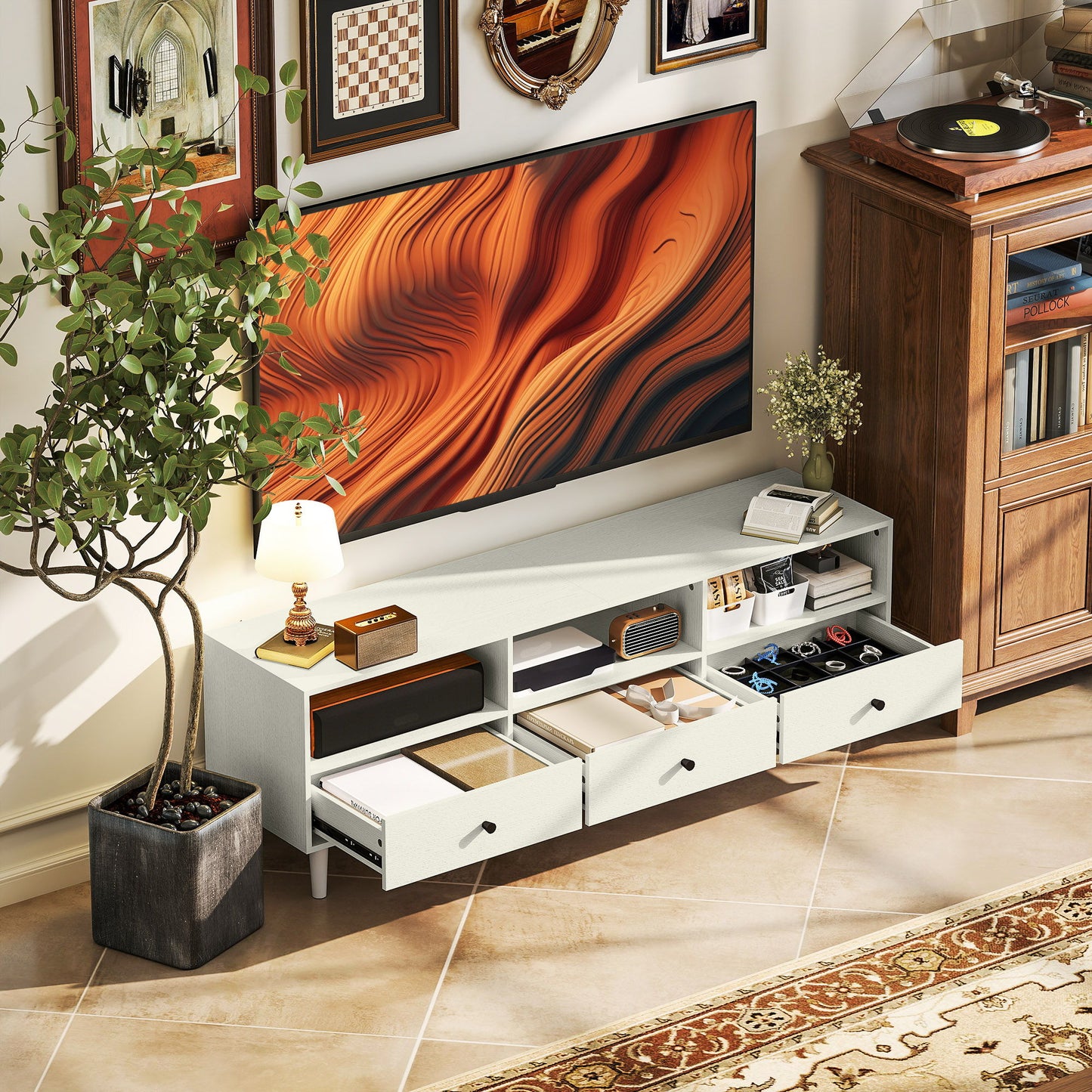 TV Stand for up to 75 Inches, TV Table with 3 Storage Shelves, 3 Drawers for Living Room, Bedroom, Cream White