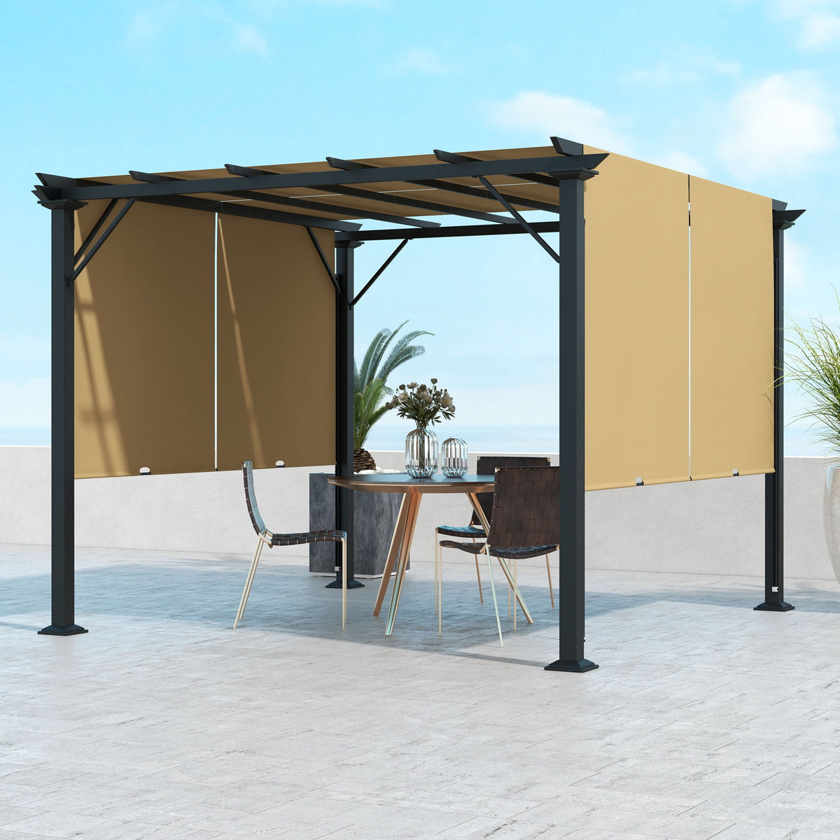 10' x 10' Retractable Pergola Canopy for Backyard, Brown