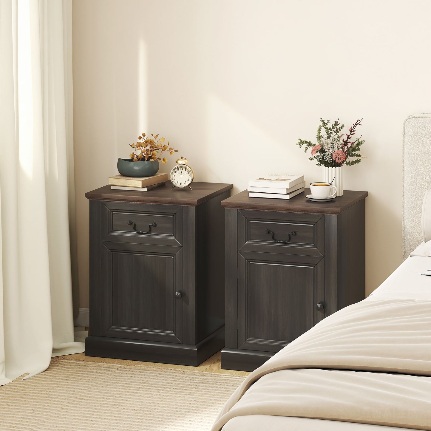Side Table Set of 2, End Tables with Drawer and Cabinet, Nightstands for Small Spaces, Living Room, Black