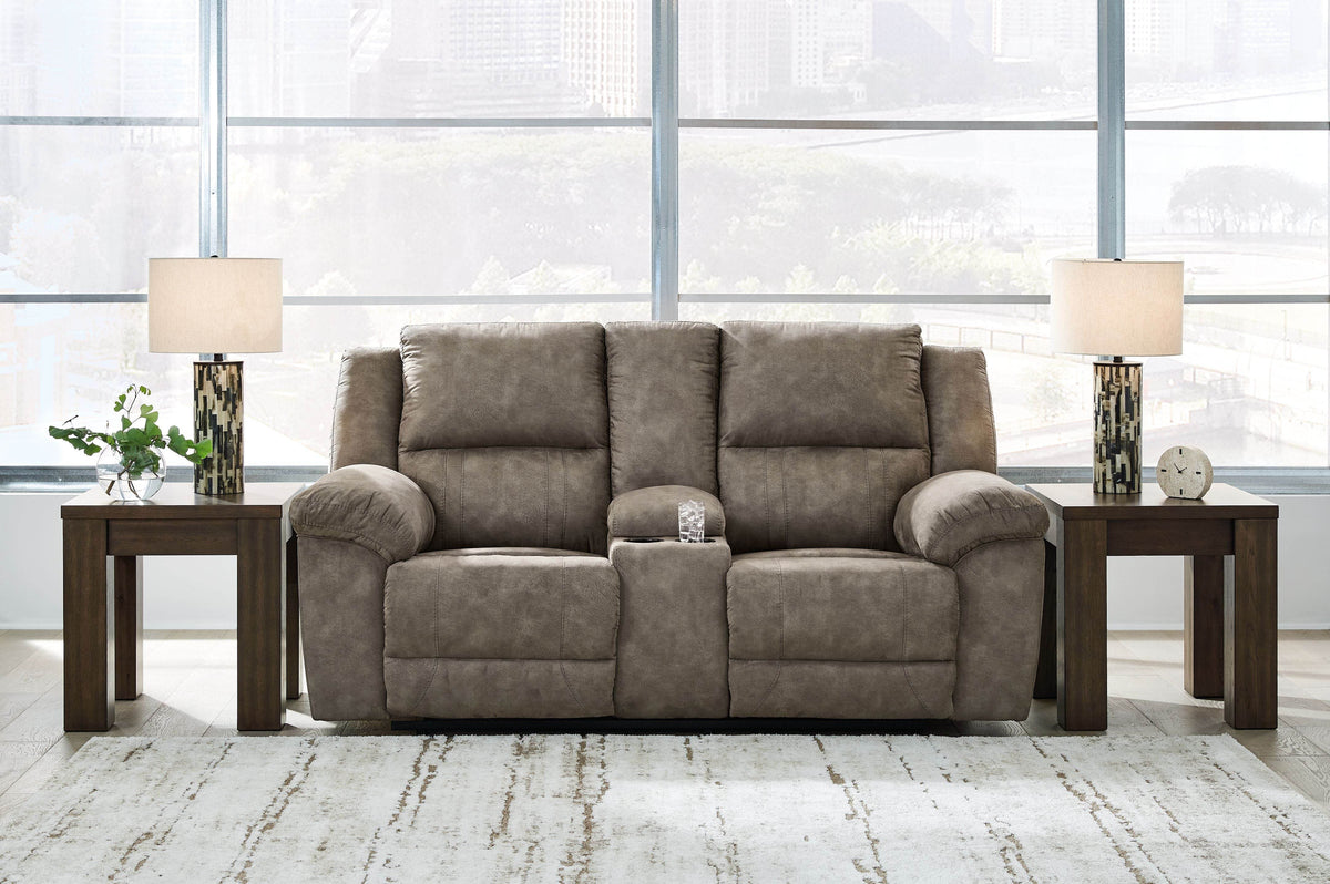 Laresview - Fossil - Dbl Reclining Loveseat With Console - Faux Leather - Forward Furniture