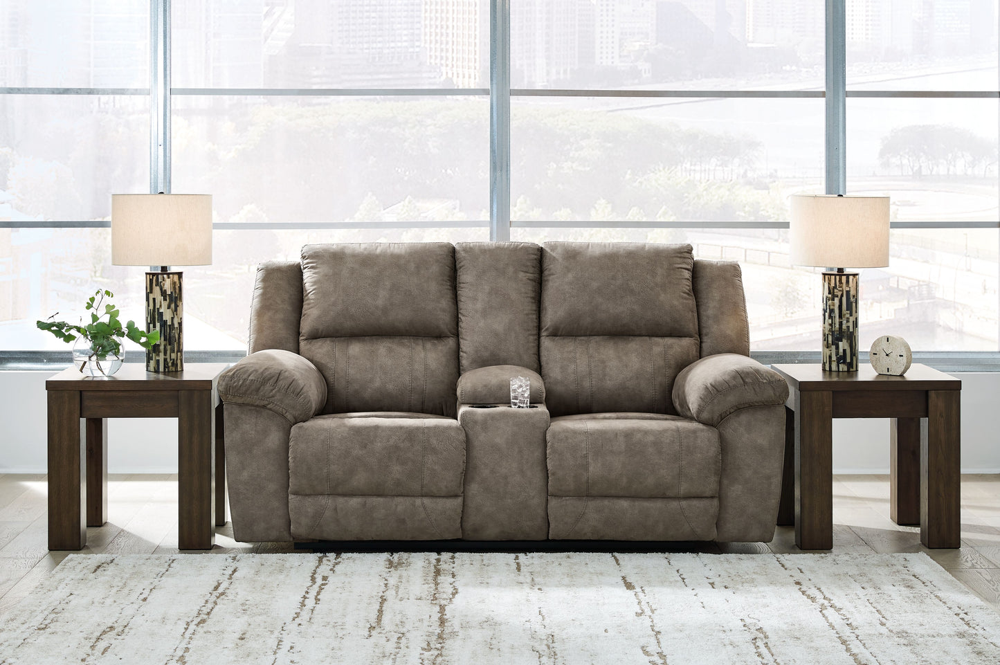 Laresview - Fossil - Dbl Reclining Loveseat With Console - Faux Leather