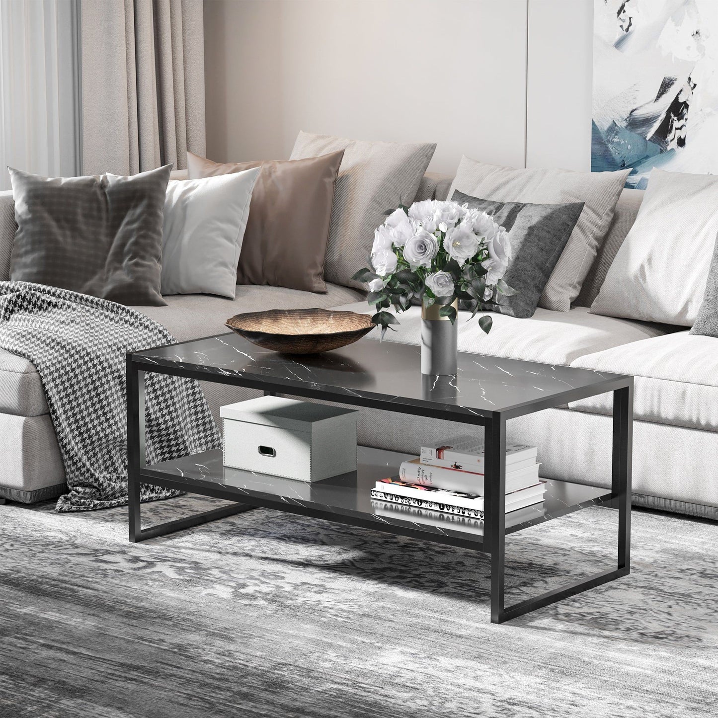 2-Tier Coffee Table with Storage Shelf - Black