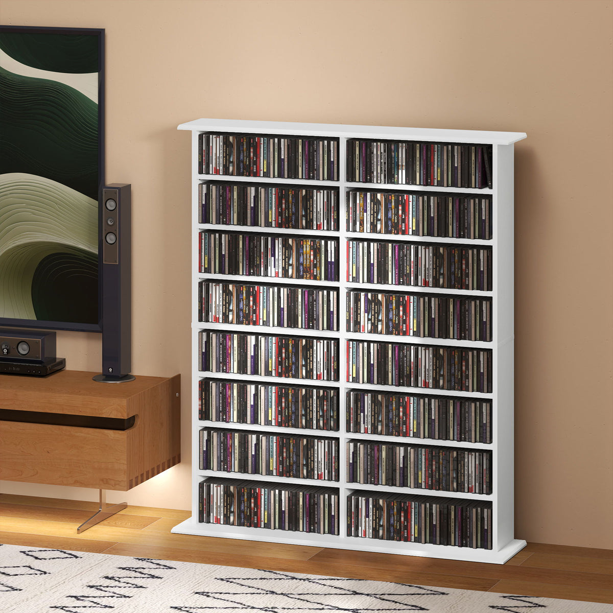 8-Tier DVD Shelf with 12 Adjustable Shelves, Double CD Shelf, Holds 720 CDs, 396 DVDs or 396 Blu-rays, White