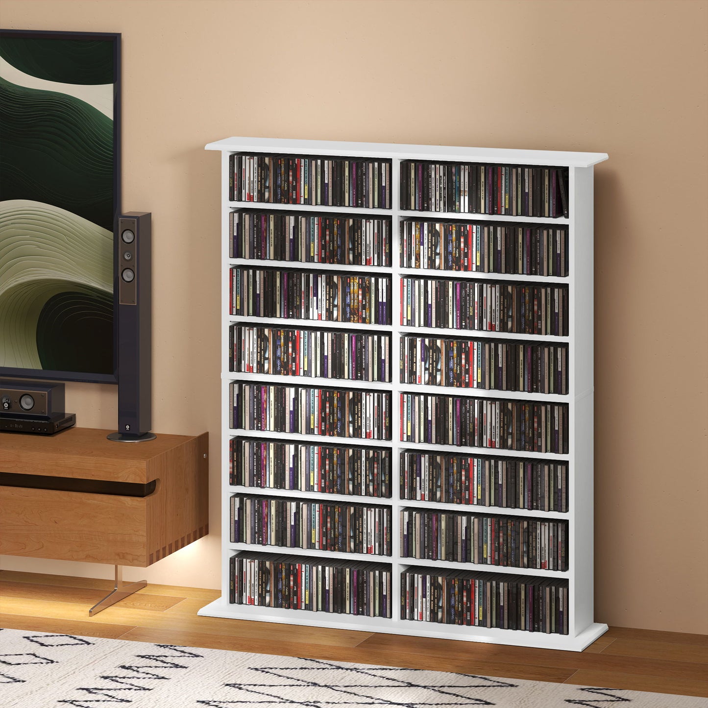 8-Tier DVD Shelf with 12 Adjustable Shelves, Double CD Shelf, Holds 720 CDs, 396 DVDs or 396 Blu-rays, White