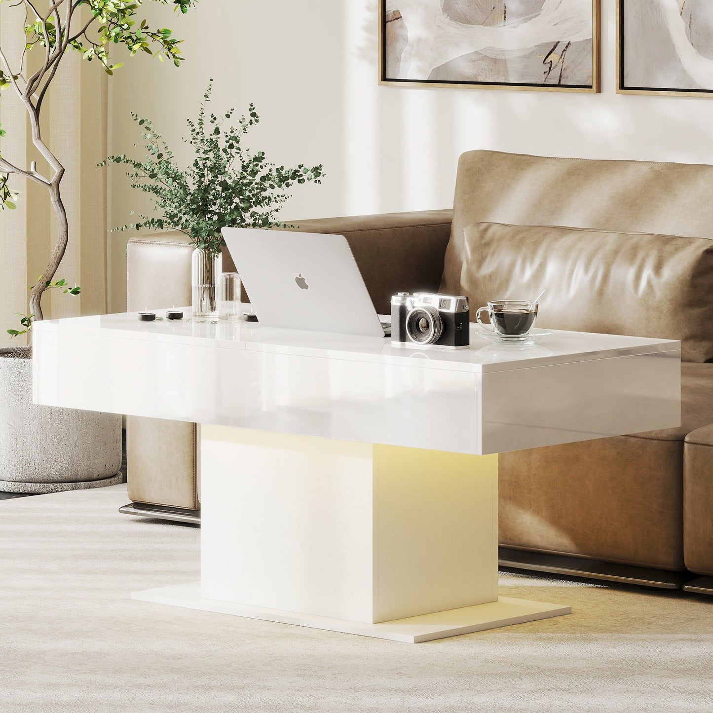 Extendable LED Coffee Table with Storage - White