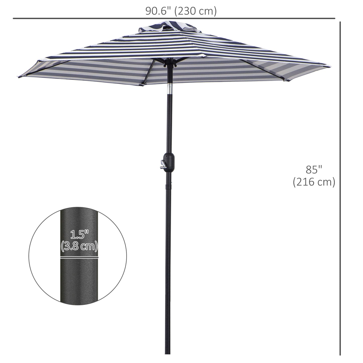Patio Sun Umbrella, Outdoor Parasol with 6 Ribs, Blue Stripes