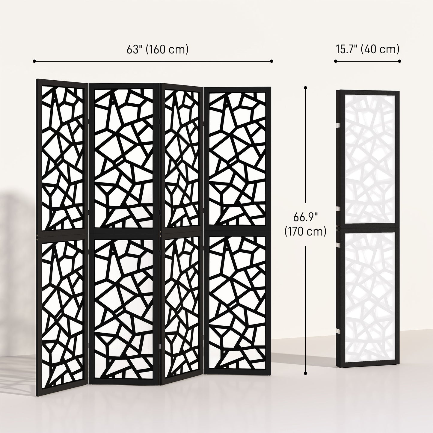 4 Panel Room Divider, 5.6 FT Lightweight Folding Privacy Screen with Geometric Pattern for Living Room, Bedroom, Black