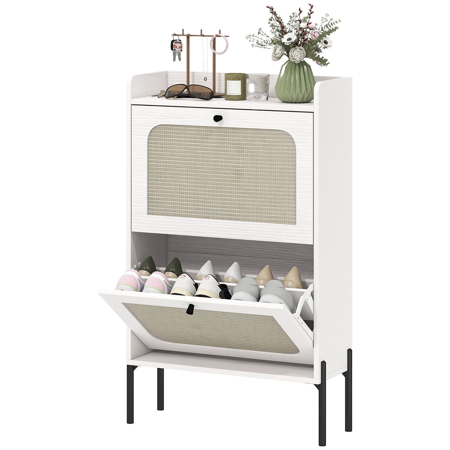 Shoe Cabinet with 2 Flip Drawers, Boho Narrow Shoe Storage Cabinet, White