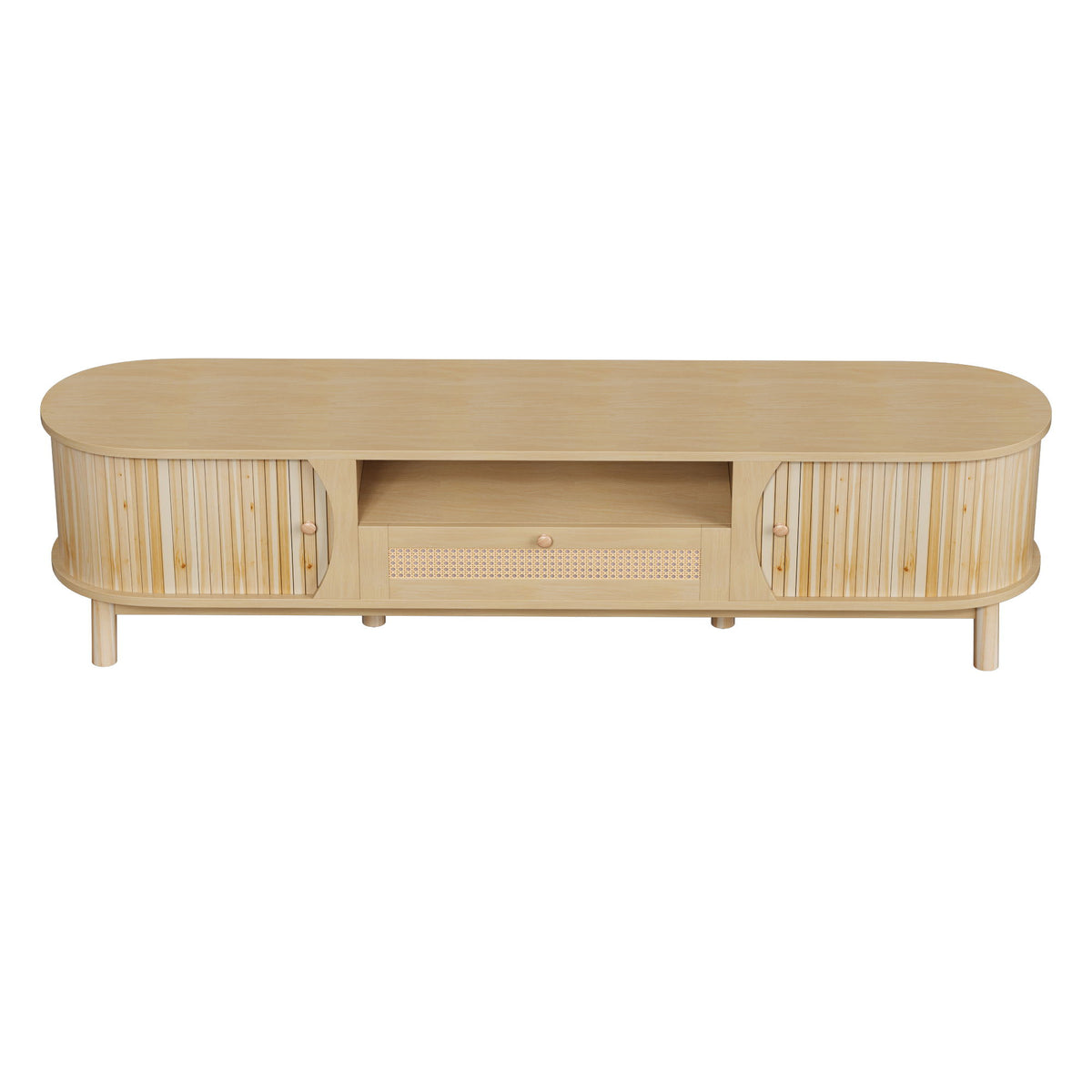Rattan TV Stand with Solid Wood Doors and Drawers, Natural Country Style Storage Solution, Easy Installation, 65" L x 14.5" W x 18" H, Natural