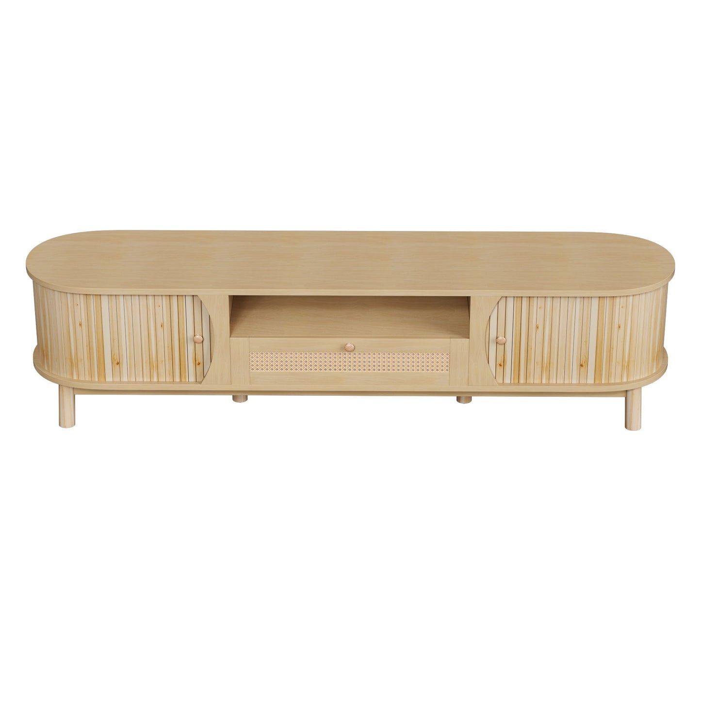 Rattan TV Stand with Solid Wood Doors and Drawers, Natural Country Style Storage Solution, Easy Installation, 65" L x 14.5" W x 18" H, Natural