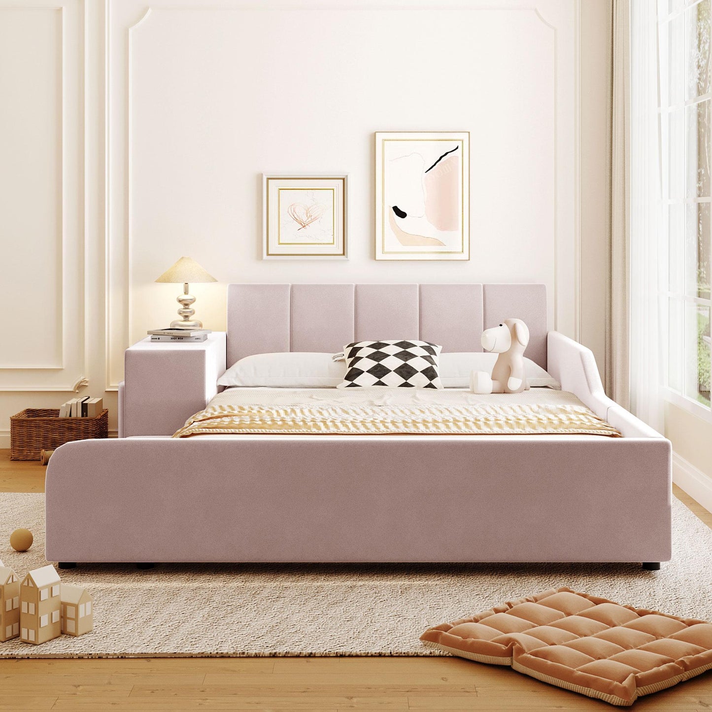 Full Size Upholstered Bed with Built-in Bedside Desk and Round Stool, Solid Bedboard with Plywood & MDF Frame, 80'' L x 68'' W x 29'' H, Pink