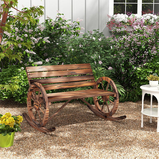 Rocking Outdoor Bench, Wood Outdoor Loveseat with Wagon Wheel Armrests, Carbonized