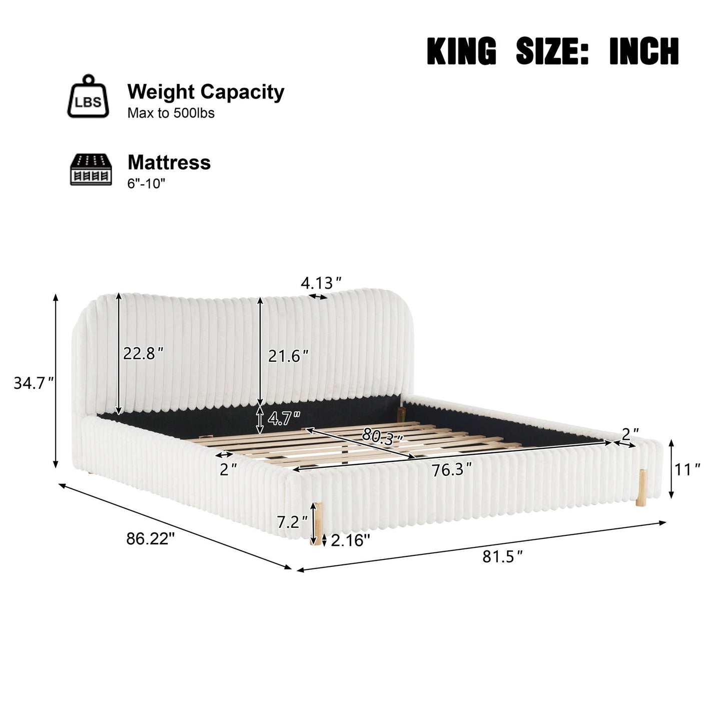 Modern Minimalist Upholstered Bed with Padded Headboard, Upholstered Platform Bed with Rubberwood Legs, 86'' L x 81.5'' W x 34.5'' H, White
