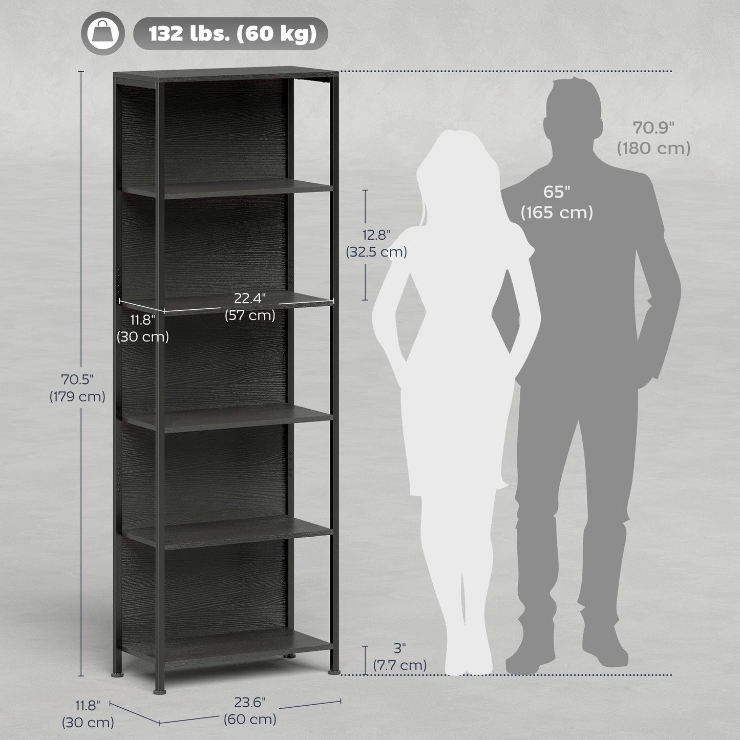 5-Tier Bookshelf with LED Lights - Black