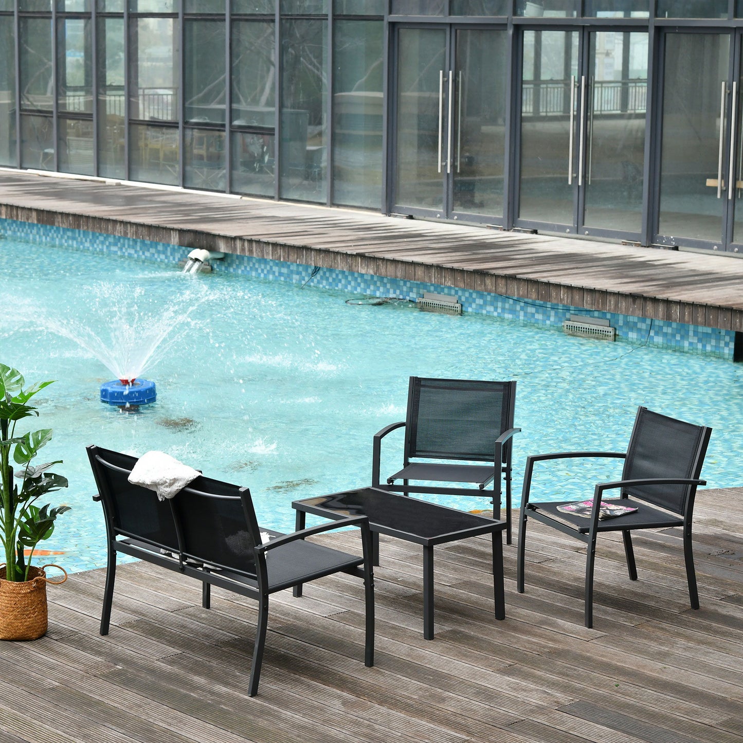 4-Piece Patio Furniture Set with Glass Top Coffee Table, Breathable Mesh Seat & Backrest for Garden, Balcony, Black