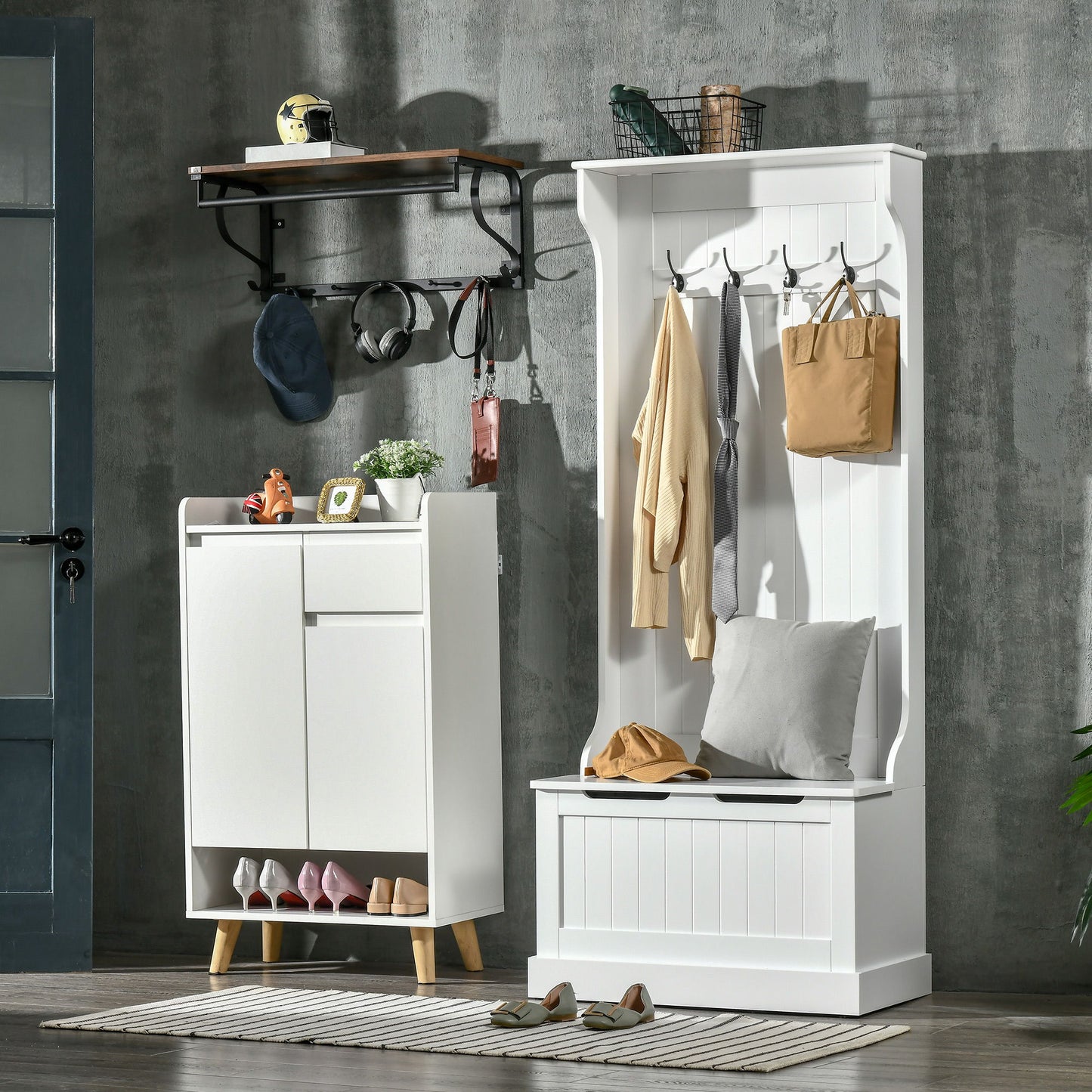4-In-1 Hall Tree with Coat Rack, Top Shelf, Shoe Storage and Bench Seat, Entryway Bench with 4 Hooks