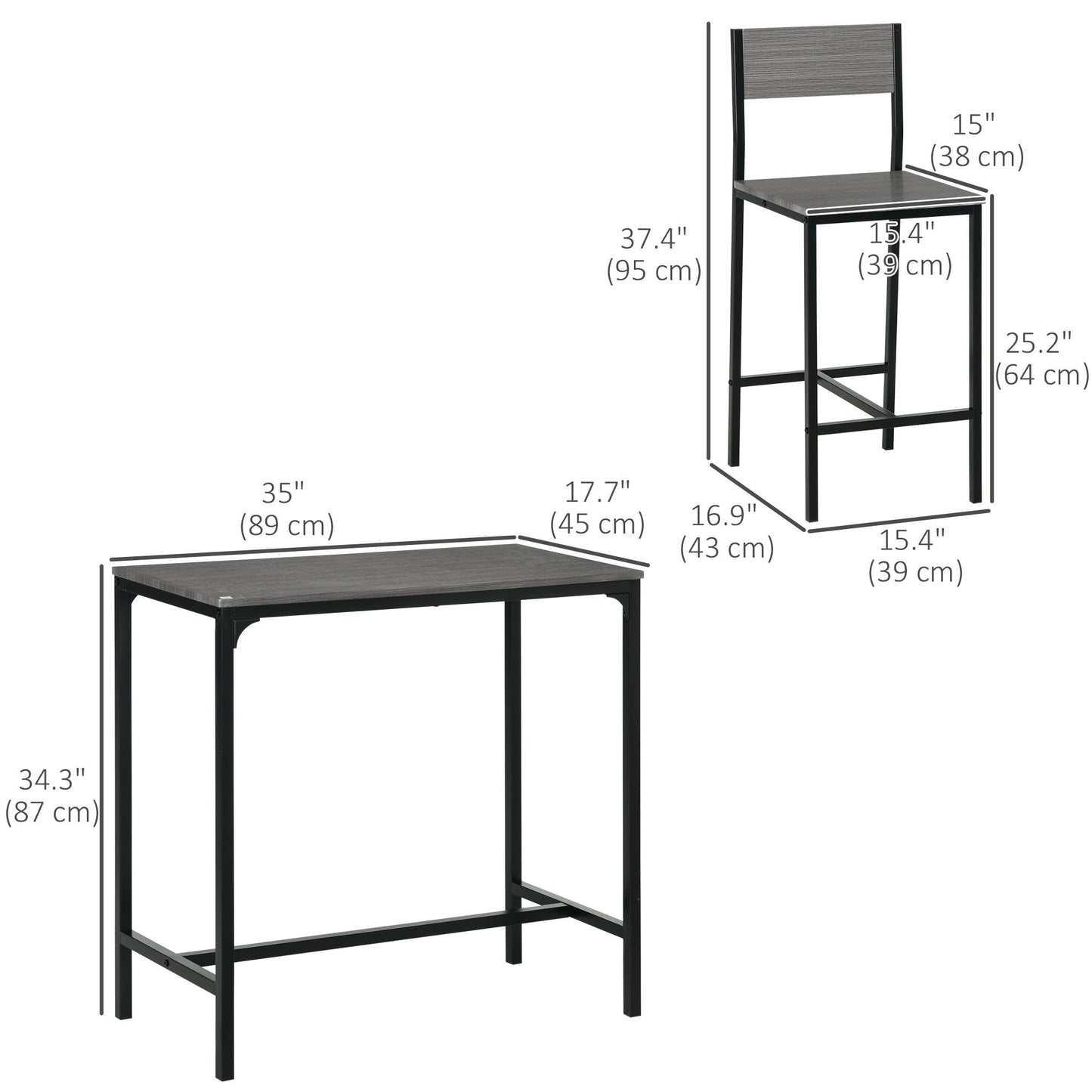 3-Piece Counter Height Bar Table Set with 2 Stools - Grey