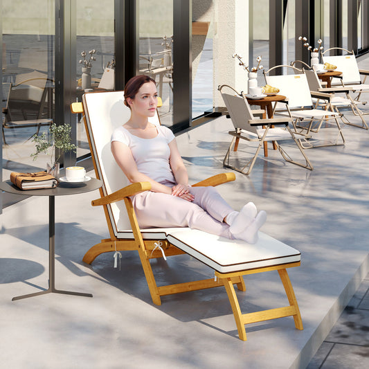 Folding Patio Lounge Chair with Padded Cushion, Acacia Wood Patio Lounger Recliner with Footrest for Garden, White - White