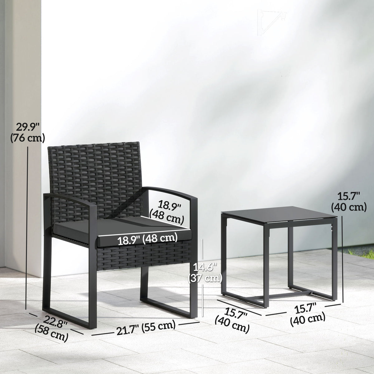 Outdoor Bistro Set, 3 Piece Wicker Patio Furniture Set with Glass Top Table and Cushions for Porch, Balcony, Black