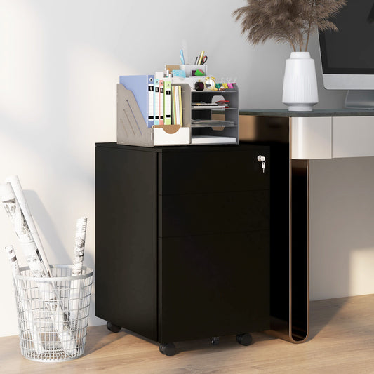 Vertical Steel Filing Cabinet on Wheels, 3-Drawer Lockable File Cabinet with Adjustable Hanging Bar for A4, Legal and Letter Size, for Home Office, Black