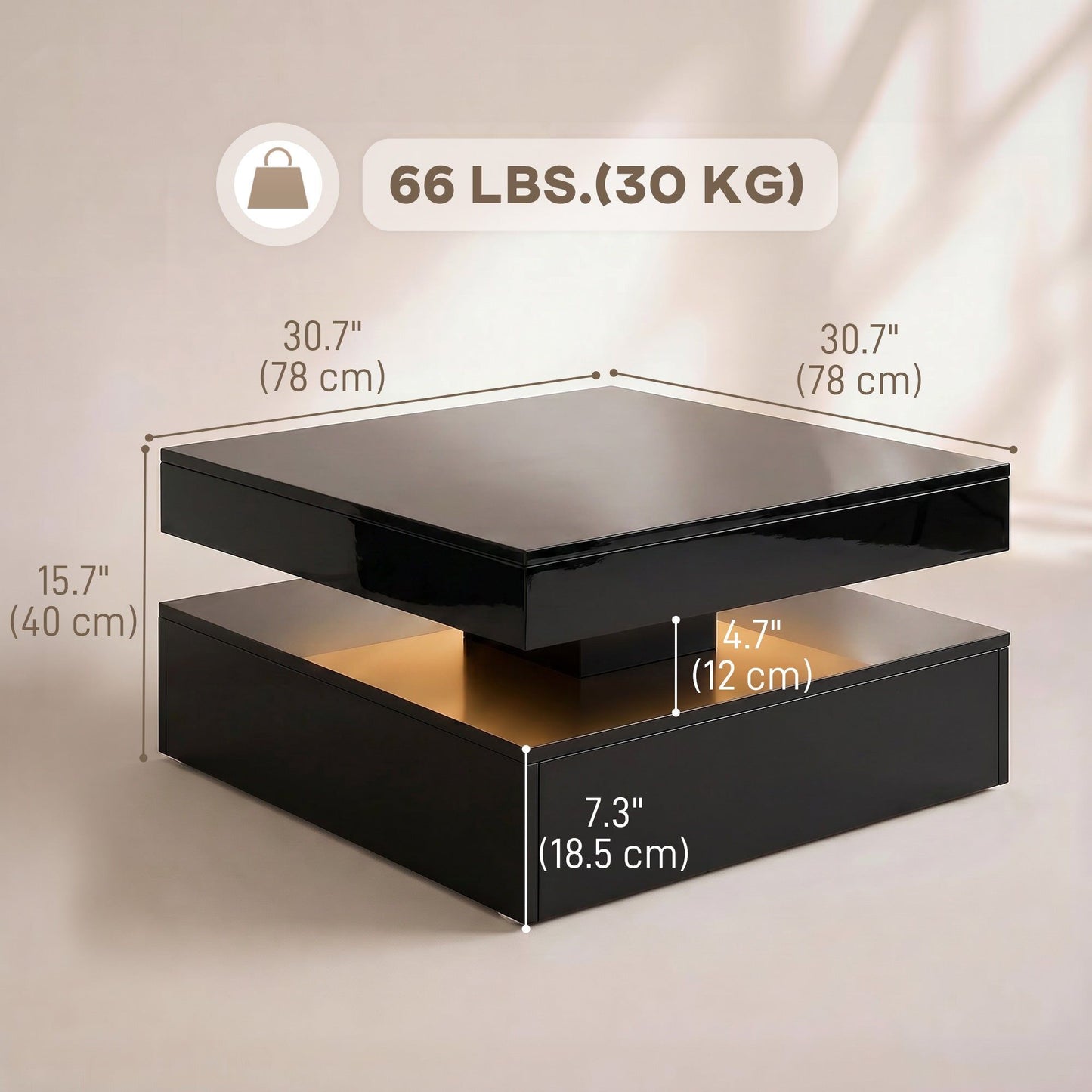2-Tier LED Coffee Table with Open Shelf and Remote - Gloss Black