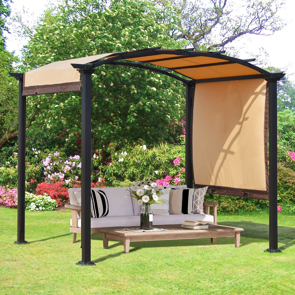 10' x 8' Outdoor Retractable Canopy Pergola Steel Frame Patio Pergola Shelter Sun Shade with Arc Roof, Beige