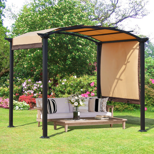 10' x 8' Outdoor Retractable Canopy Pergola Steel Frame Patio Pergola Shelter Sun Shade with Arc Roof, Beige