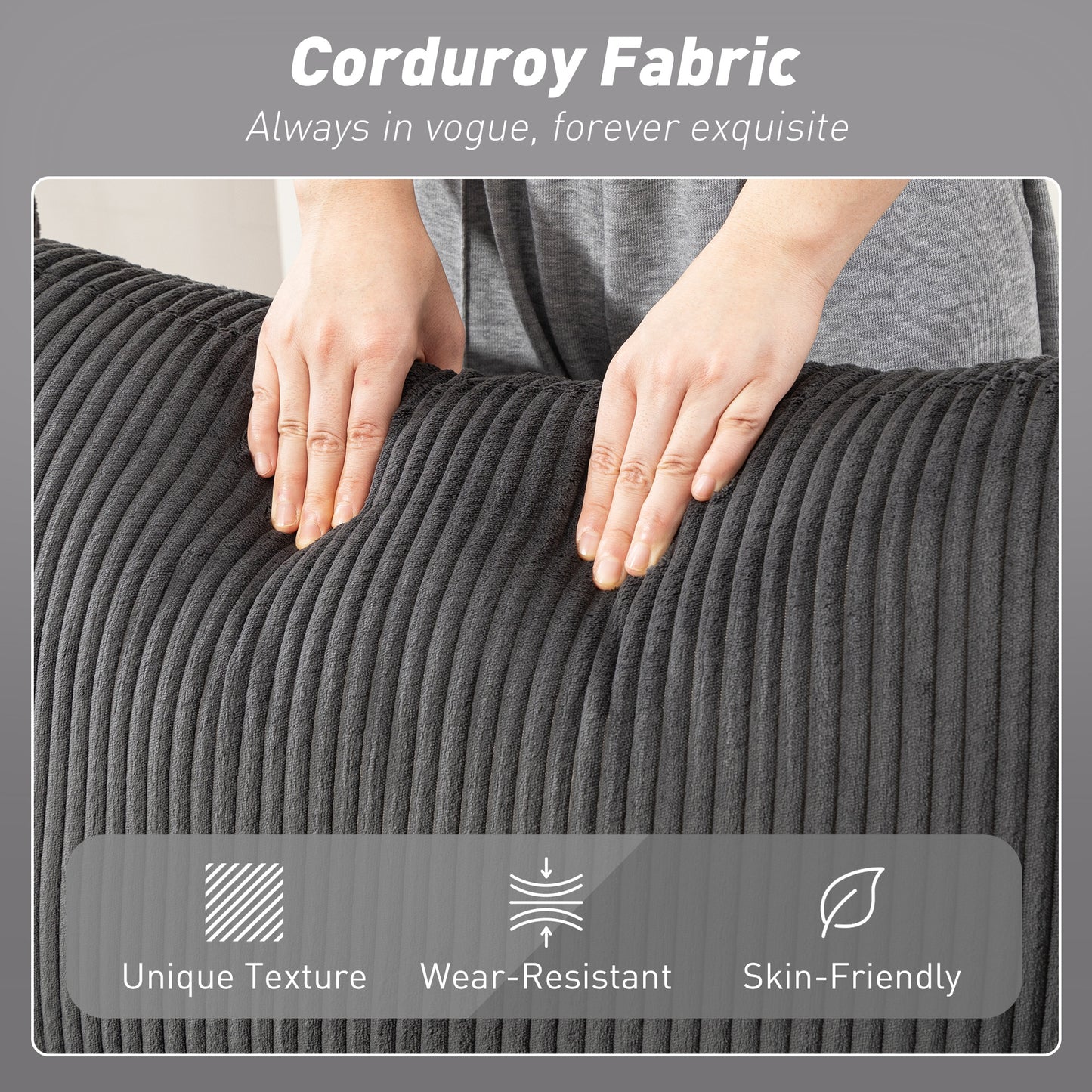 Convertible Sofa Bed, Corduroy U-Shaped Sleeper Sofa Couch with Storage Chaise, Pillows, Spring, Futon Couch, Grey