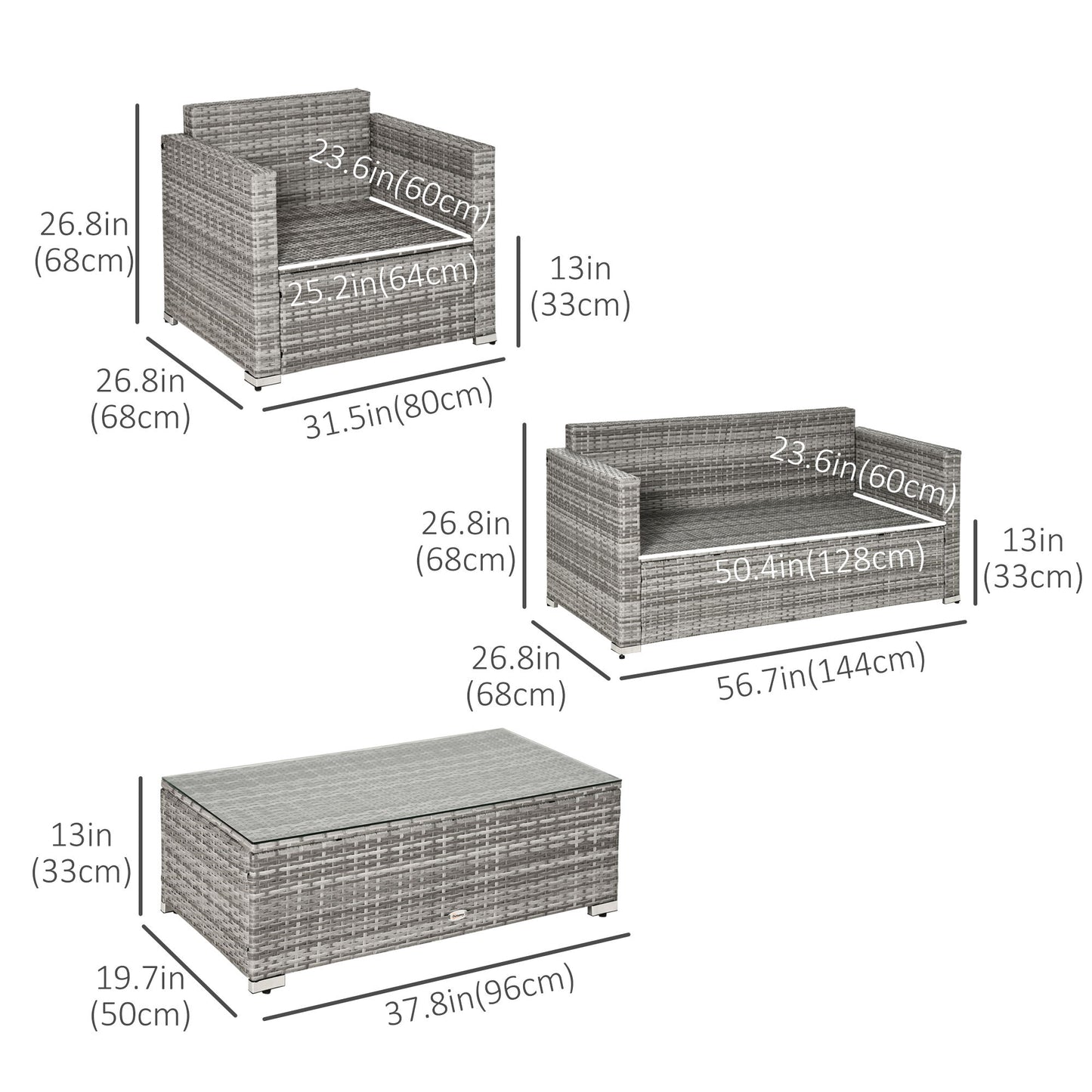 4 Pieces Patio Wicker Sofa Set, Outdoor PE Rattan Extra Wide Seat Conversation Furniture w/ Tempered Glass Table-top & Thick Padded Cushion for Garden, Backyard, Lawn, Mixed Grey