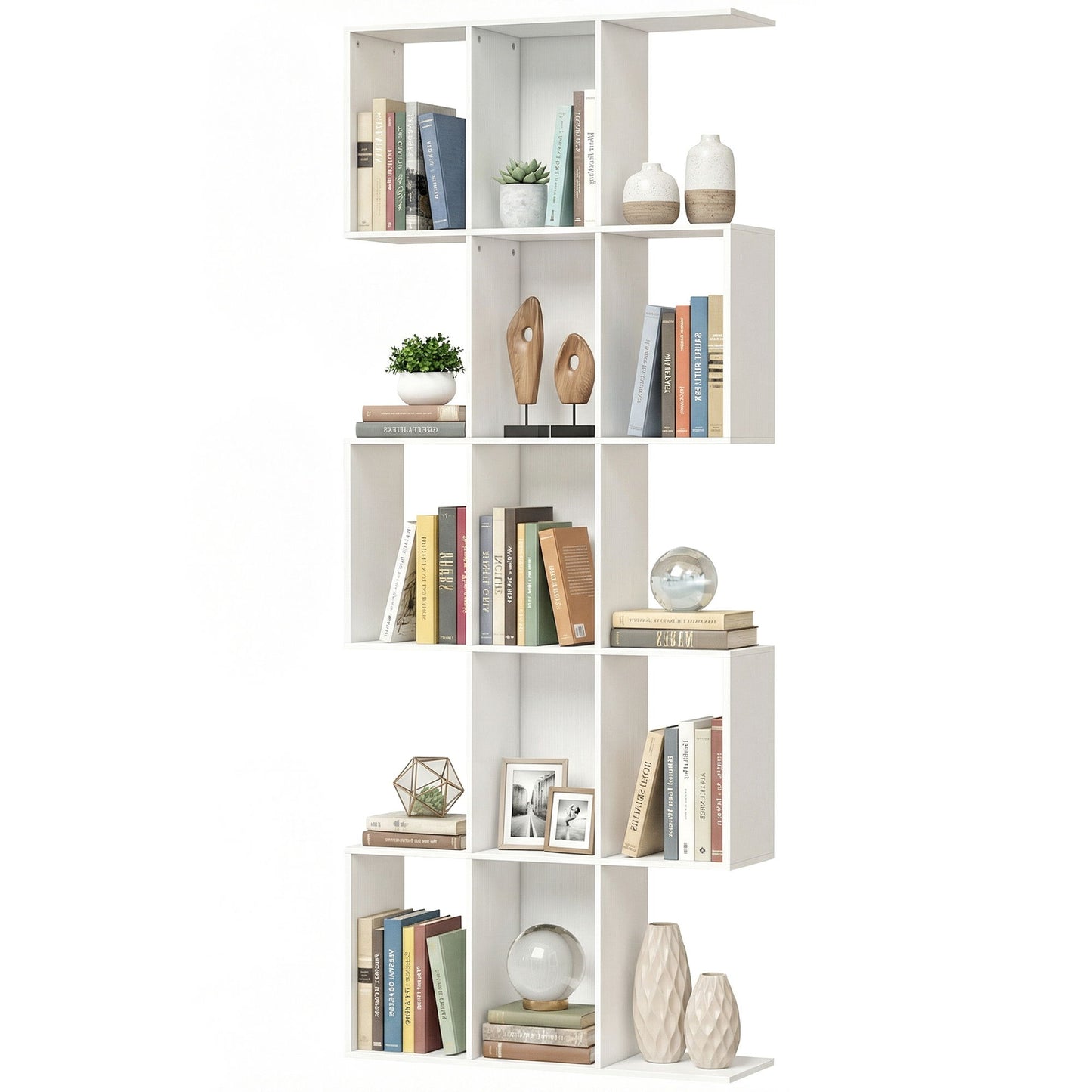 5-Tier Bookshelf, S Shaped Geometric Bookcase with 15 Compartments, White Wood Grain