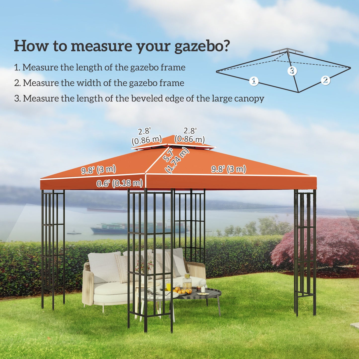 10' x 10' Square 2-Tier Gazebo Canopy Replacement Top Cover Outdoor Garden Sun Shade, Orange
